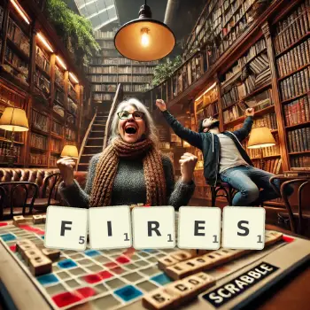 Creative illustration for a Scrabble game with the word FIRES spelled out in tiles on the board.