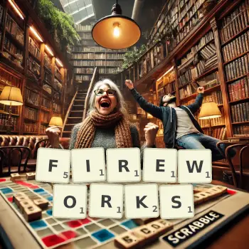 Creative illustration for a Scrabble game with the word FIREWORKS spelled out in tiles on the board.