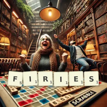 Creative illustration for a Scrabble game with the word FIRIES spelled out in tiles on the board.