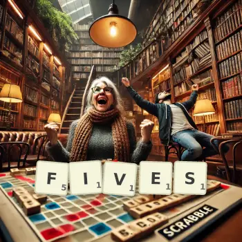 Creative illustration for a Scrabble game with the word FIVES spelled out in tiles on the board.