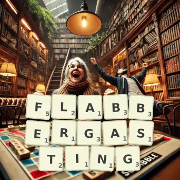 Creative illustration for a Scrabble game with the word FLABBERGASTING spelled out in tiles on the board.