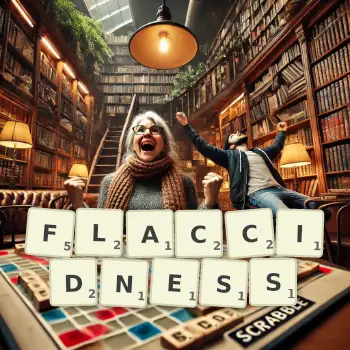 Creative illustration for a Scrabble game with the word FLACCIDNESS spelled out in tiles on the board.