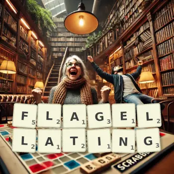 Creative illustration for a Scrabble game with the word FLAGELLATING spelled out in tiles on the board.