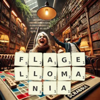 Creative illustration for a Scrabble game with the word FLAGELLOMANIA spelled out in tiles on the board.
