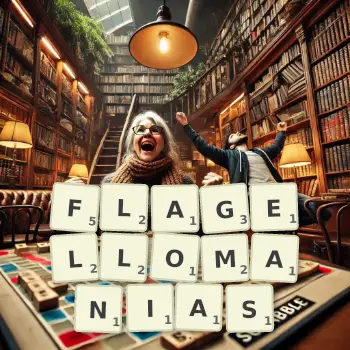 Creative illustration for a Scrabble game with the word FLAGELLOMANIAS spelled out in tiles on the board.