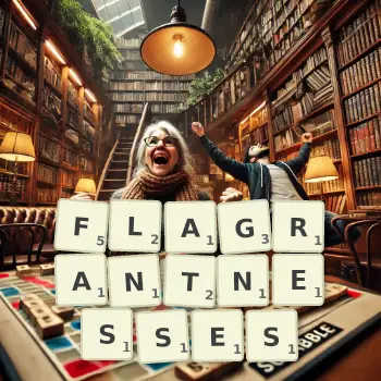 Creative illustration for a Scrabble game with the word FLAGRANTNESSES spelled out in tiles on the board.