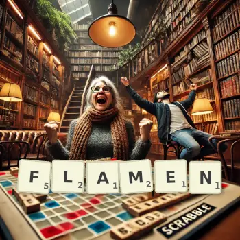 Creative illustration for a Scrabble game with the word FLAMEN spelled out in tiles on the board.
