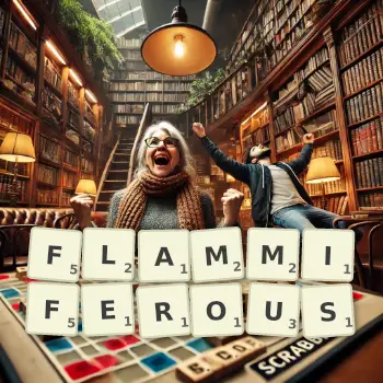 Creative illustration for a Scrabble game with the word FLAMMIFEROUS spelled out in tiles on the board.
