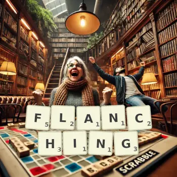 Creative illustration for a Scrabble game with the word FLANCHING spelled out in tiles on the board.