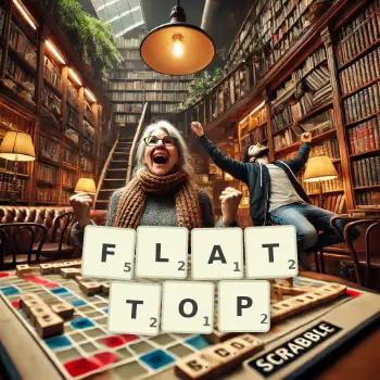 Creative illustration for a Scrabble game with the word FLATTOP spelled out in tiles on the board.