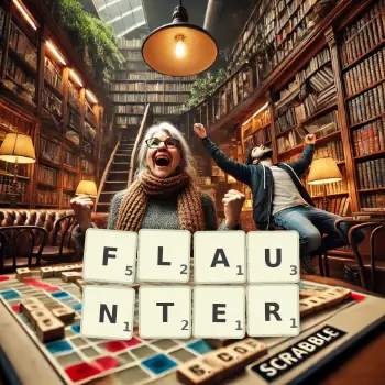 Creative illustration for a Scrabble game with the word FLAUNTER spelled out in tiles on the board.