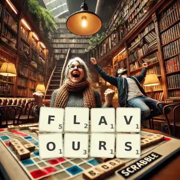 Creative illustration for a Scrabble game with the word FLAVOURS spelled out in tiles on the board.