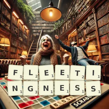 Creative illustration for a Scrabble game with the word FLEETINGNESS spelled out in tiles on the board.