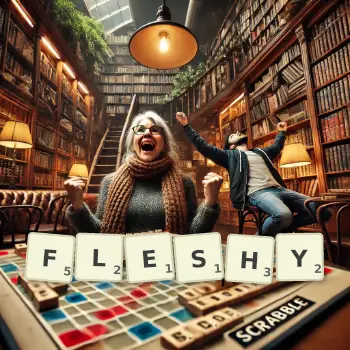 Creative illustration for a Scrabble game with the word FLESHY spelled out in tiles on the board.