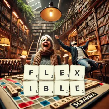 Creative illustration for a Scrabble game with the word FLEXIBLE spelled out in tiles on the board.