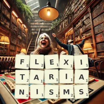 Creative illustration for a Scrabble game with the word FLEXITARIANISMS spelled out in tiles on the board.