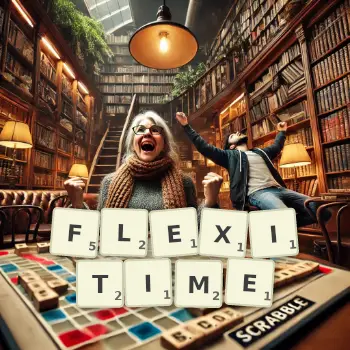 Creative illustration for a Scrabble game with the word FLEXITIME spelled out in tiles on the board.