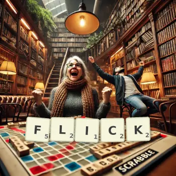 Creative illustration for a Scrabble game with the word FLICK spelled out in tiles on the board.