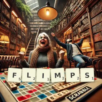 Creative illustration for a Scrabble game with the word FLIMPS spelled out in tiles on the board.