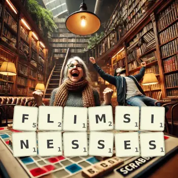Creative illustration for a Scrabble game with the word FLIMSINESSES spelled out in tiles on the board.