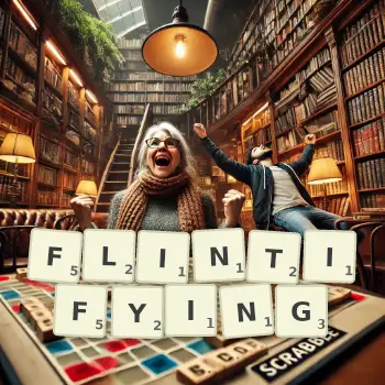 Creative illustration for a Scrabble game with the word FLINTIFYING spelled out in tiles on the board.