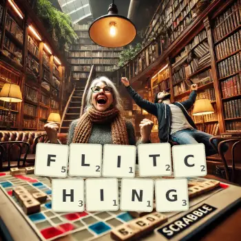 Creative illustration for a Scrabble game with the word FLITCHING spelled out in tiles on the board.