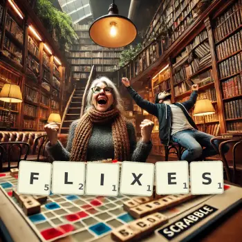 Creative illustration for a Scrabble game with the word FLIXES spelled out in tiles on the board.