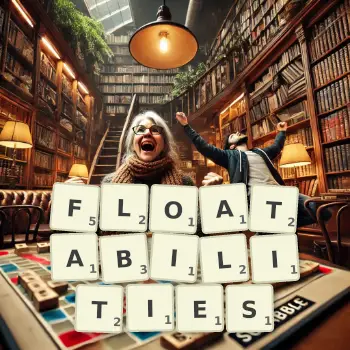 Creative illustration for a Scrabble game with the word FLOATABILITIES spelled out in tiles on the board.