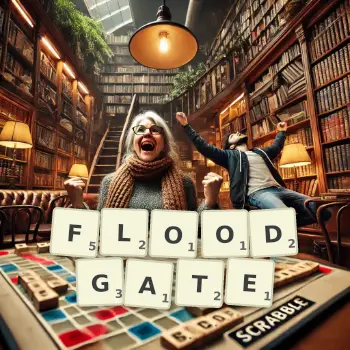 Creative illustration for a Scrabble game with the word FLOODGATE spelled out in tiles on the board.
