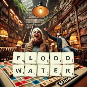 Creative illustration for a Scrabble game with the word FLOODWATER spelled out in tiles on the board.