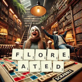 Creative illustration for a Scrabble game with the word FLOREATED spelled out in tiles on the board.