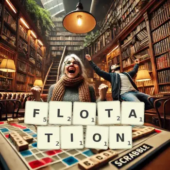 Creative illustration for a Scrabble game with the word FLOTATION spelled out in tiles on the board.