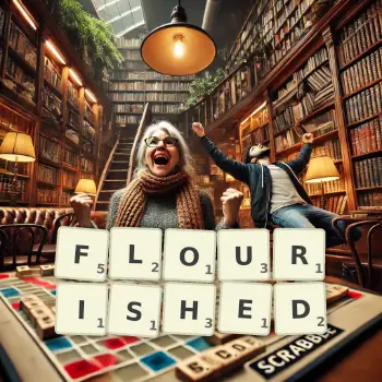 Creative illustration for a Scrabble game with the word FLOURISHED spelled out in tiles on the board.