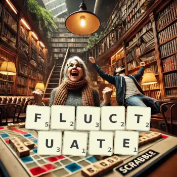 Creative illustration for a Scrabble game with the word FLUCTUATE spelled out in tiles on the board.