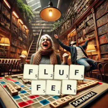 Creative illustration for a Scrabble game with the word FLUFFER spelled out in tiles on the board.