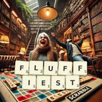 Creative illustration for a Scrabble game with the word FLUFFIEST spelled out in tiles on the board.
