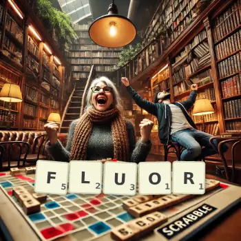 Creative illustration for a Scrabble game with the word FLUOR spelled out in tiles on the board.
