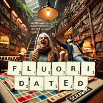 Creative illustration for a Scrabble game with the word FLUORIDATED spelled out in tiles on the board.
