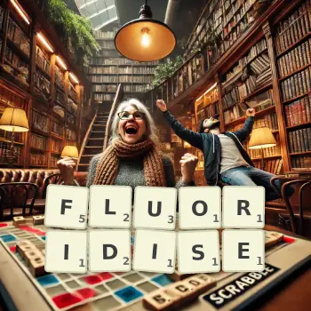 Creative illustration for a Scrabble game with the word FLUORIDISE spelled out in tiles on the board.