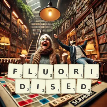 Creative illustration for a Scrabble game with the word FLUORIDISED spelled out in tiles on the board.