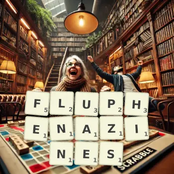 Creative illustration for a Scrabble game with the word FLUPHENAZINES spelled out in tiles on the board.
