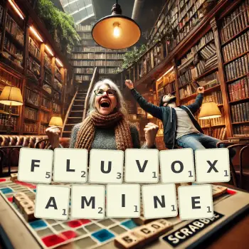 Creative illustration for a Scrabble game with the word FLUVOXAMINE spelled out in tiles on the board.