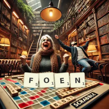 Creative illustration for a Scrabble game with the word FOEN spelled out in tiles on the board.