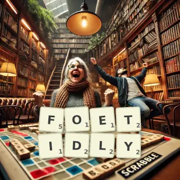 Creative illustration for a Scrabble game with the word FOETIDLY spelled out in tiles on the board.