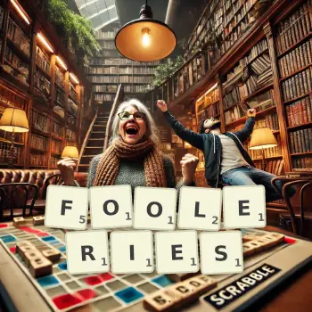 Creative illustration for a Scrabble game with the word FOOLERIES spelled out in tiles on the board.