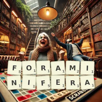 Creative illustration for a Scrabble game with the word FORAMINIFERA spelled out in tiles on the board.