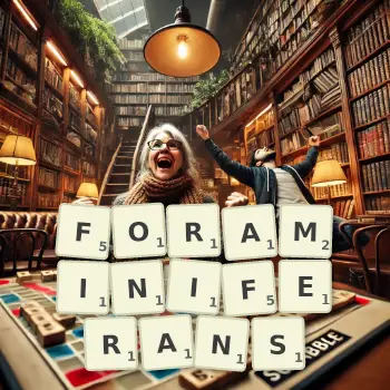 Creative illustration for a Scrabble game with the word FORAMINIFERANS spelled out in tiles on the board.