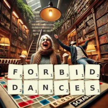 Creative illustration for a Scrabble game with the word FORBIDDANCES spelled out in tiles on the board.