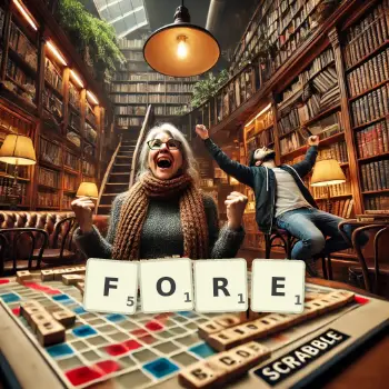 Creative illustration for a Scrabble game with the word FORE spelled out in tiles on the board.