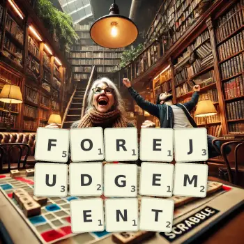 Creative illustration for a Scrabble game with the word FOREJUDGEMENT spelled out in tiles on the board.